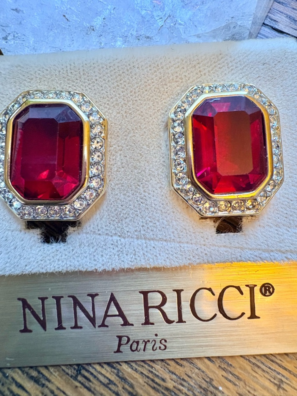 NINA RICCI Vintage Gold-Tone Earrings with Deep Red Stones and Crystal Halo